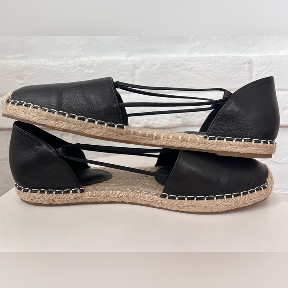 Eileen Fisher Lee Black Leather Espadrilles Flats Side Cutout Jute Sandal NWOT - Picture 5 of 11